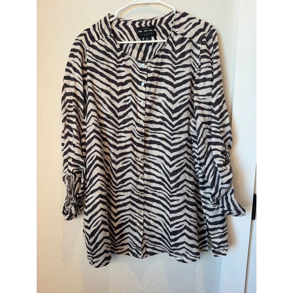 Tahari Brown Zebra Print Button Front 100% Linen Top Size 3X
